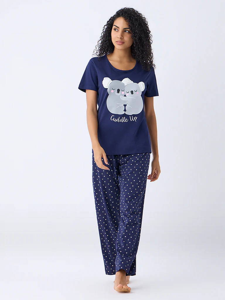 Wunderlove Navy Koala Bear Cotton T-Shirt and Pyjama Set