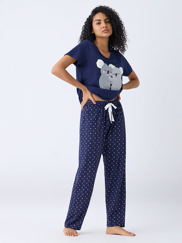 Wunderlove Navy Koala Bear Cotton T-Shirt and Pyjama Set - Image 2