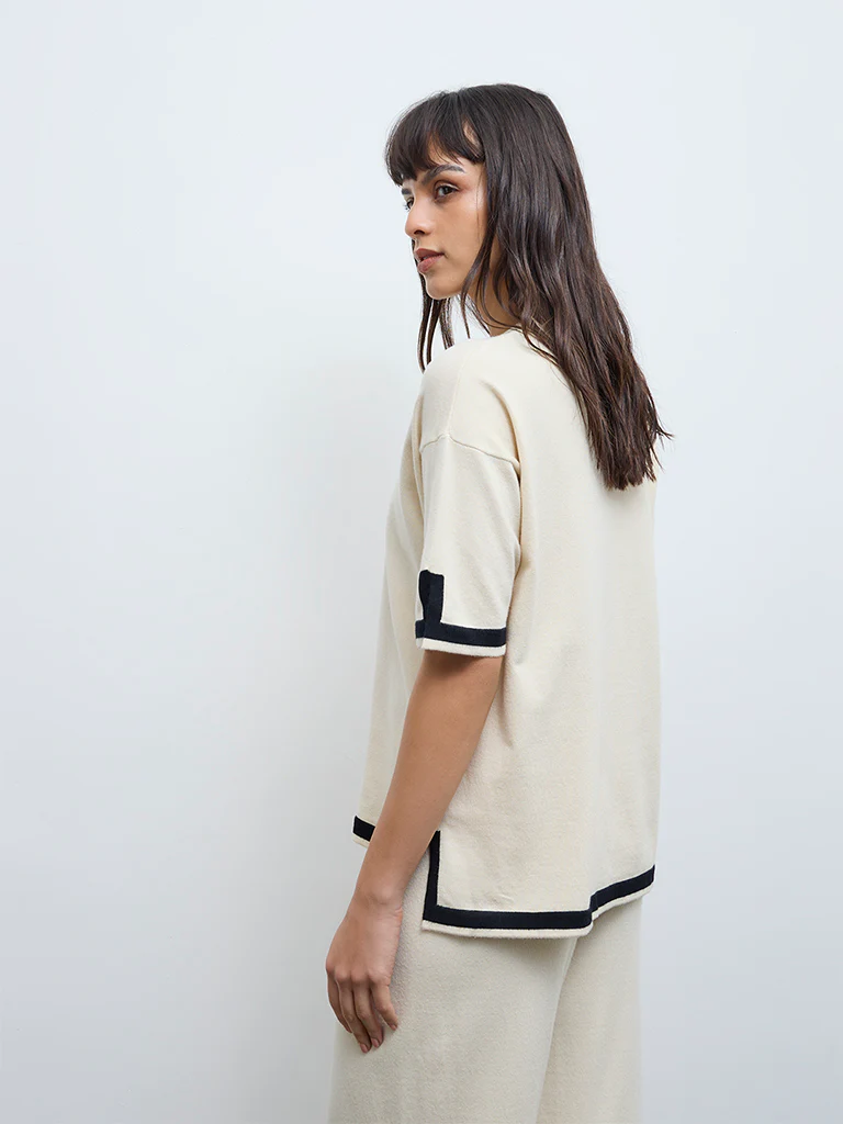 Wunderlove Off-White Contrast-Detailed Top - Image 4
