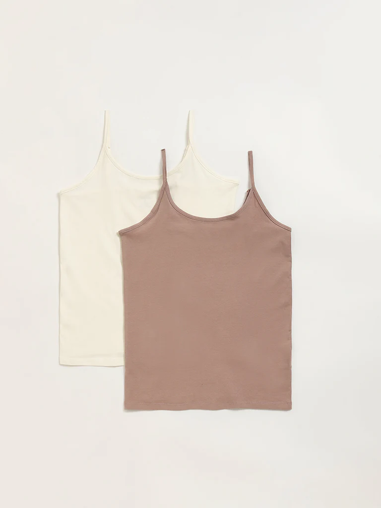 Wunderlove Off-White Cotton-Blend Camisoles - Pack of 2 - Image 2