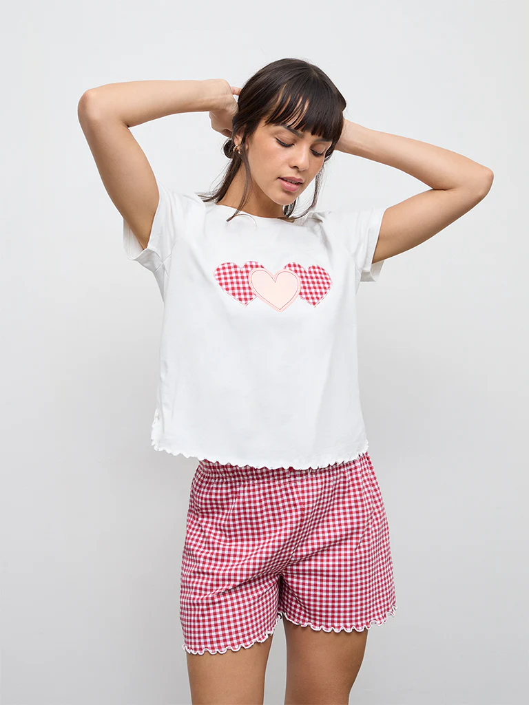 Wunderlove Off-White Heart-Design Cotton T-Shirt and Shorts Set