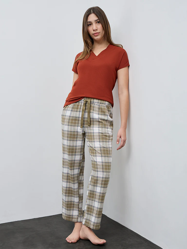 Wunderlove Olive Checkered High-Rise Cotton Pyjamas - Image 2