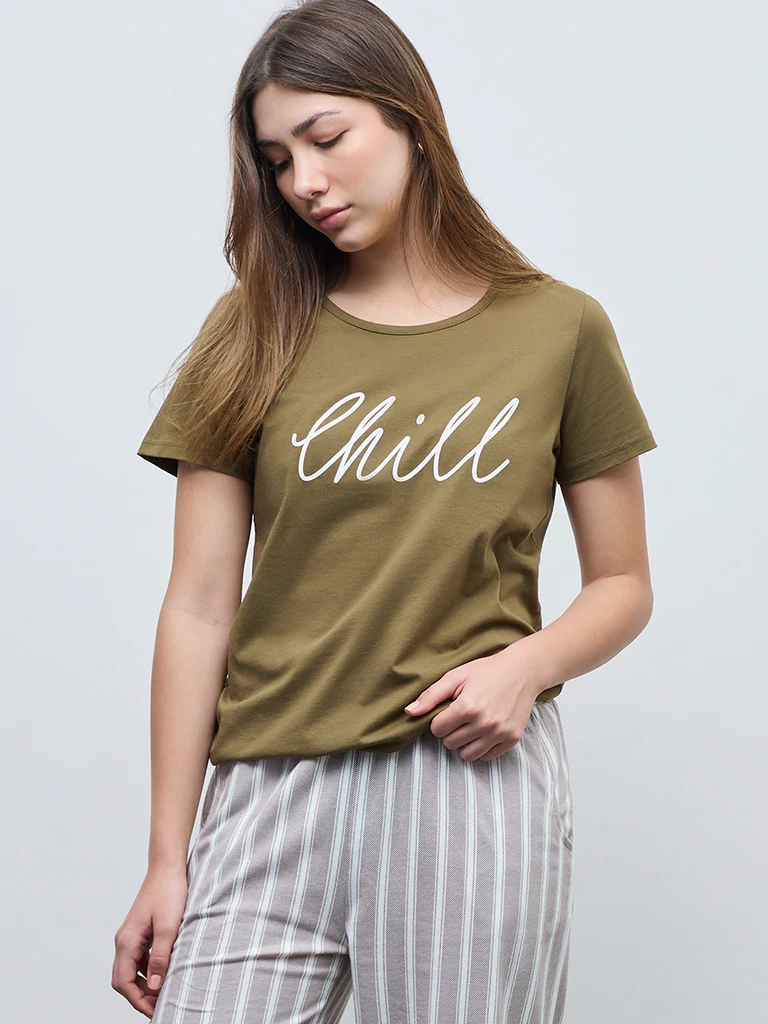 Wunderlove Olive Text Design Cotton T-Shirt - Image 2
