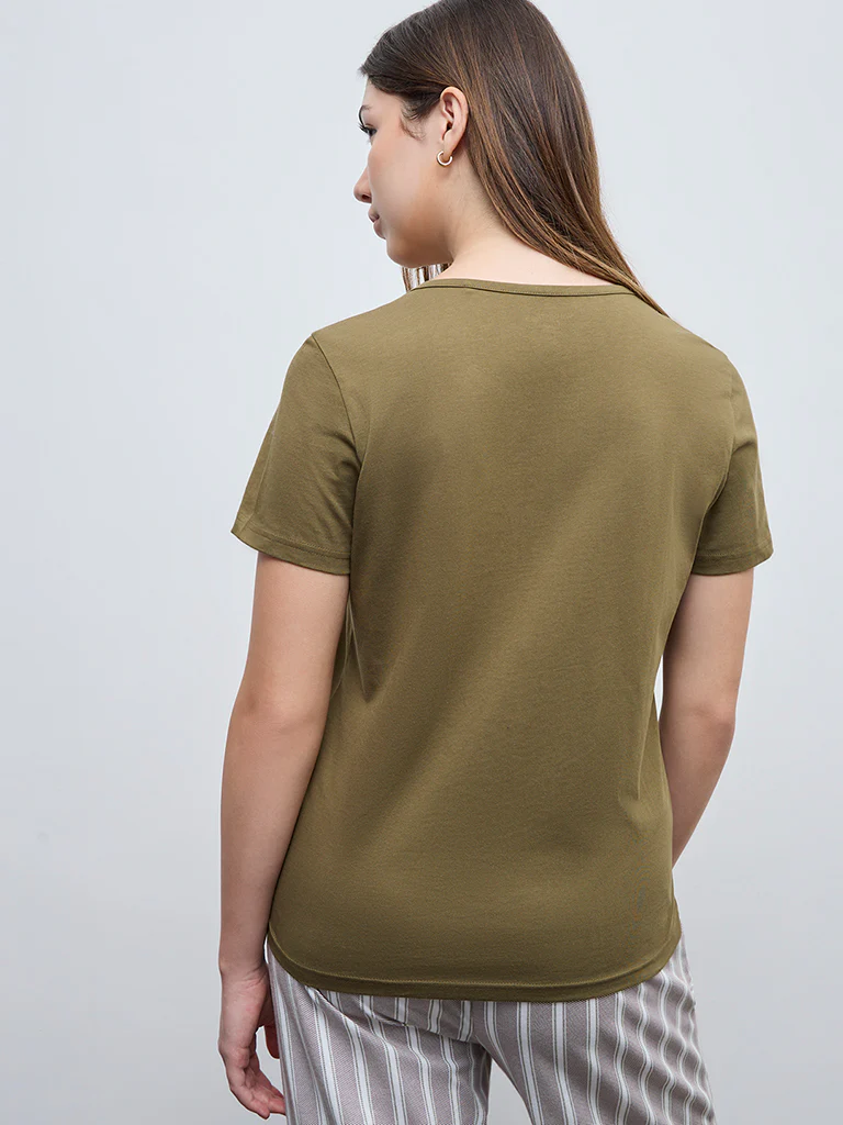 Wunderlove Olive Text Design Cotton T-Shirt - Image 4