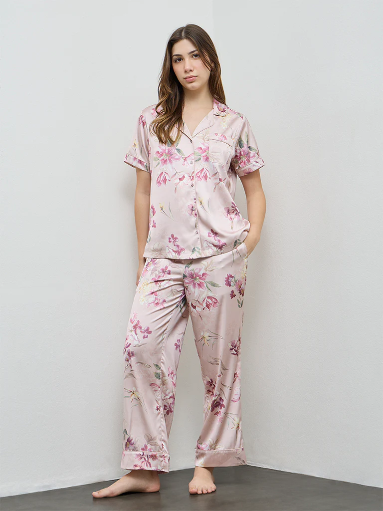 Wunderlove Peach Floral Shirt and Pyjama Set - Image 2