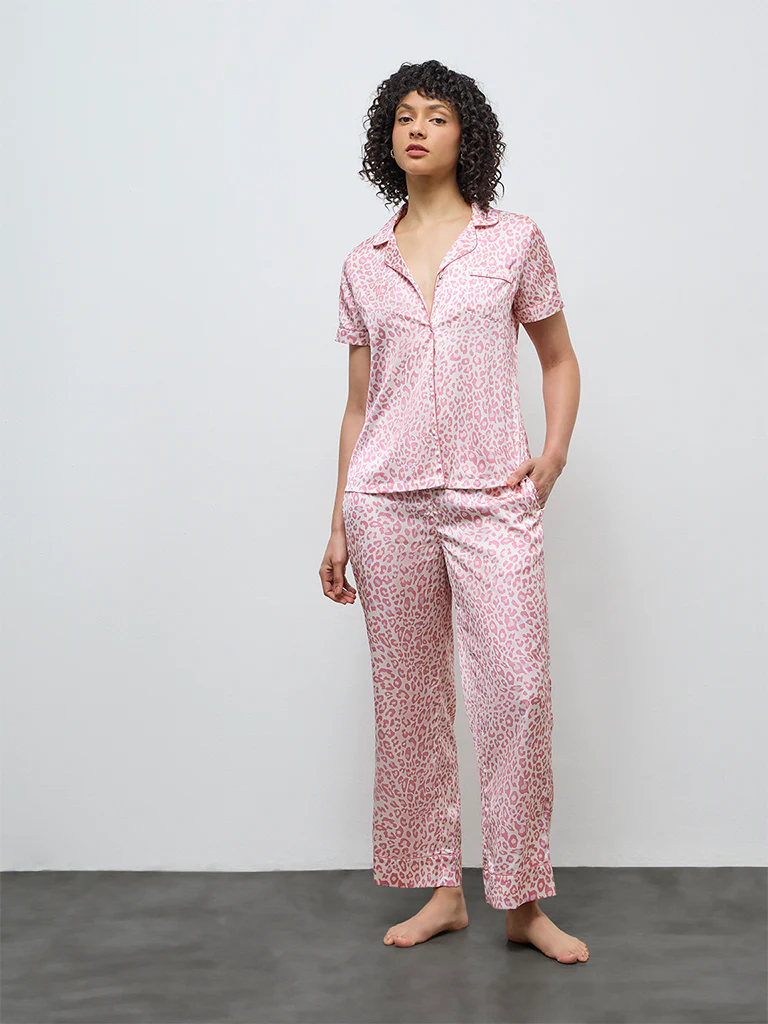 Wunderlove Pink Animal Satin Shirt and Pyjama Set