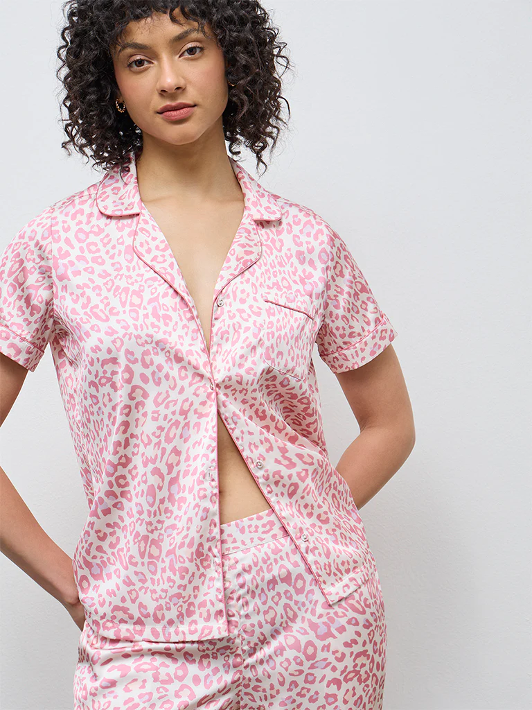 Wunderlove Pink Animal Satin Shirt and Pyjama Set - Image 3