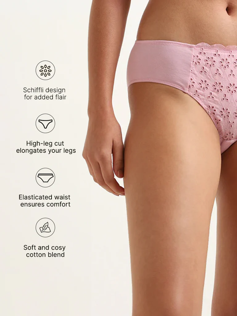 Wunderlove Pink Broiderie Cotton-Blend High-Leg Briefs - Image 4