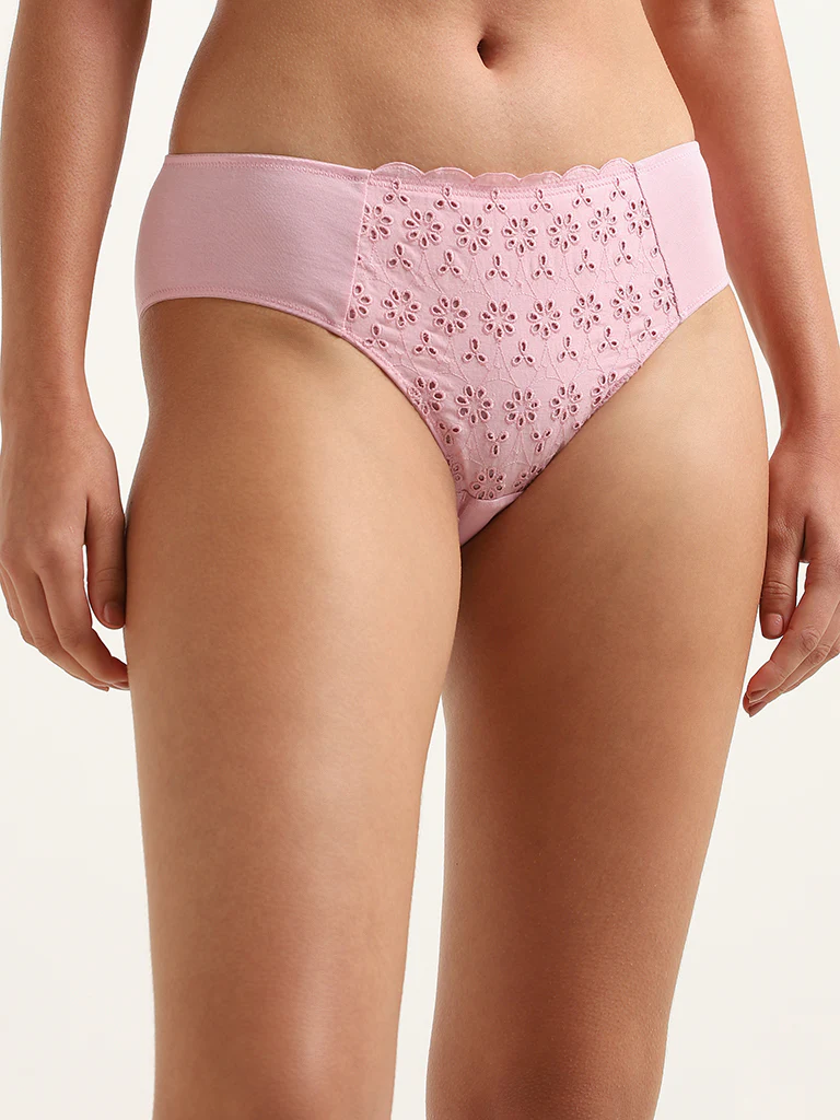 Wunderlove Pink Broiderie Cotton-Blend High-Leg Briefs - Image 5