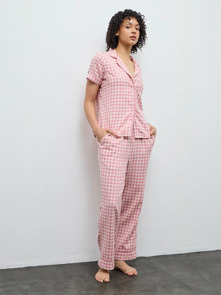 Wunderlove Pink Checkered Cotton Shirt and Pyjamas Set