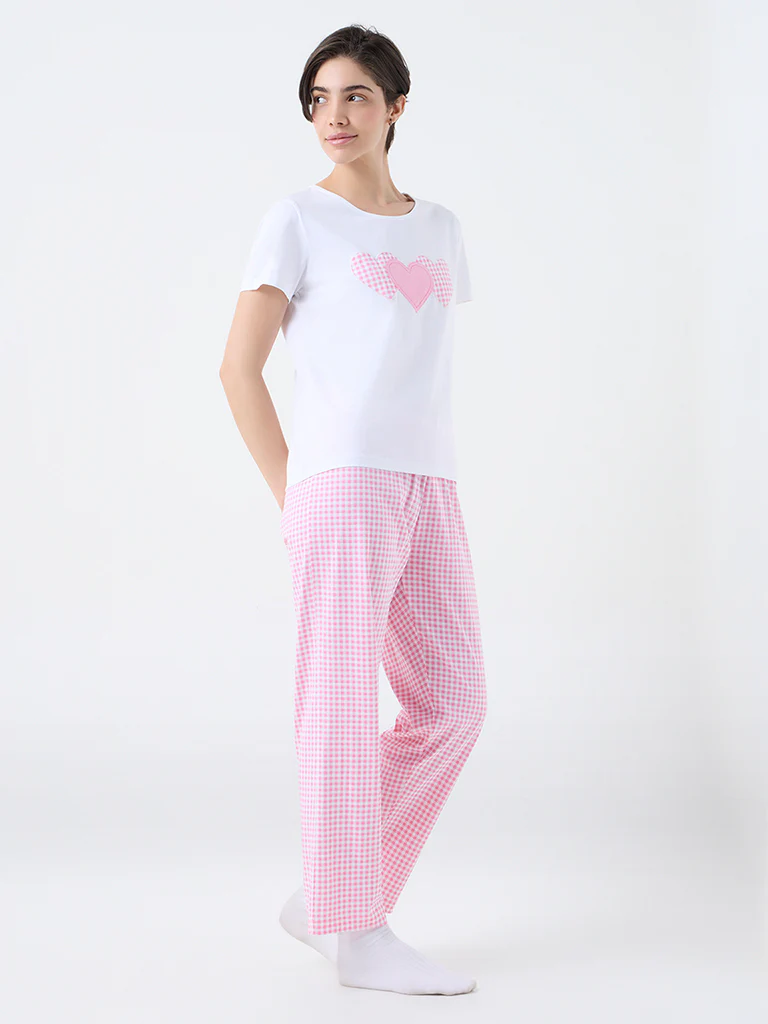 Wunderlove Pink Checkered Cotton T-Shirt and Pyjamas Set - Image 2