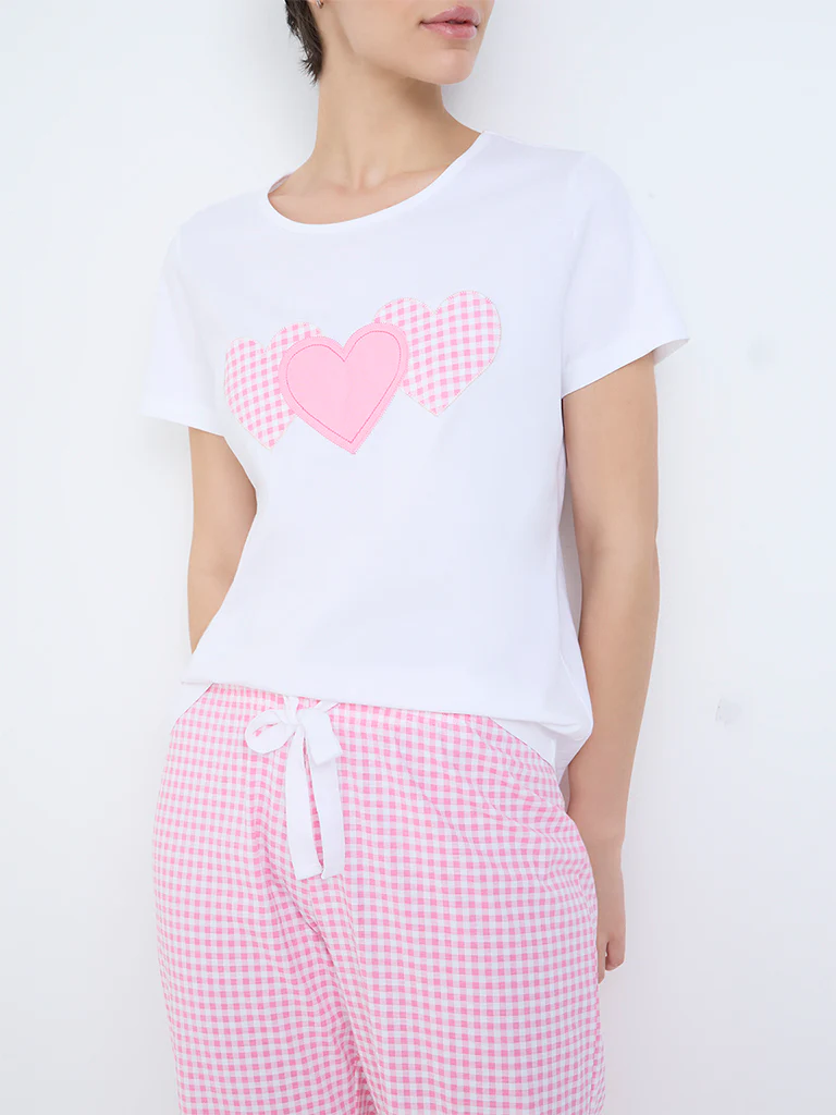 Wunderlove Pink Checkered Cotton T-Shirt and Pyjamas Set - Image 3