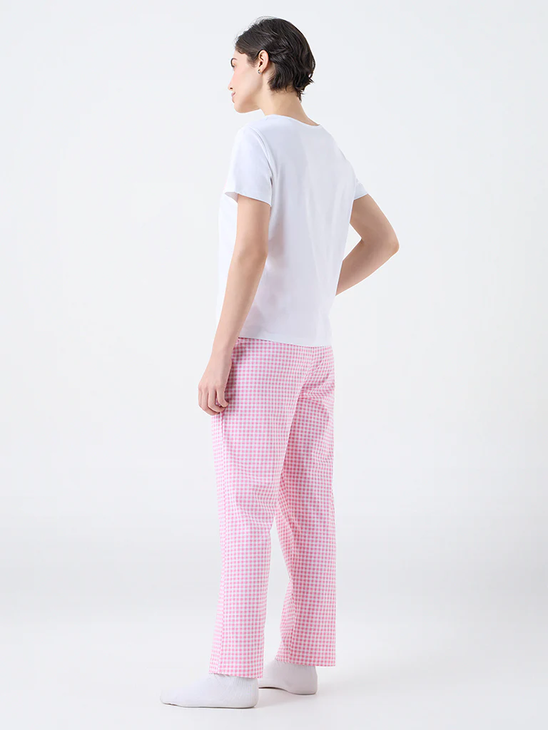 Wunderlove Pink Checkered Cotton T-Shirt and Pyjamas Set - Image 4
