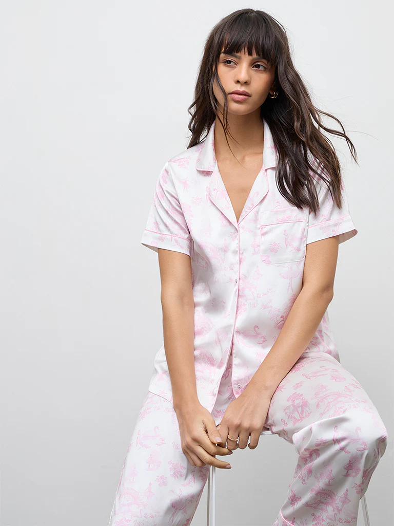 Wunderlove Pink Floral Printed Shirt and Pyjamas Set
