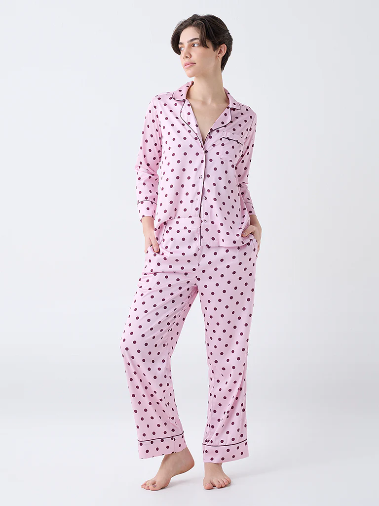 Wunderlove Pink Polka Dotted Satin Shirt with Pyjamas Set