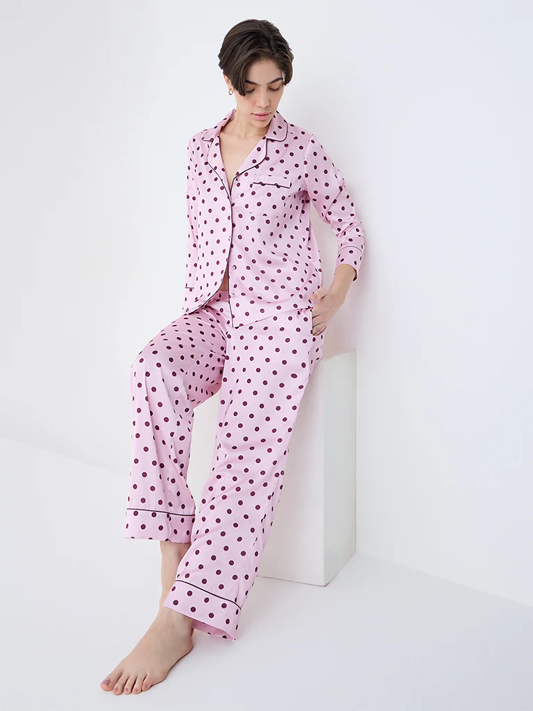 Wunderlove Pink Polka Dotted Satin Shirt with Pyjamas Set - Image 2