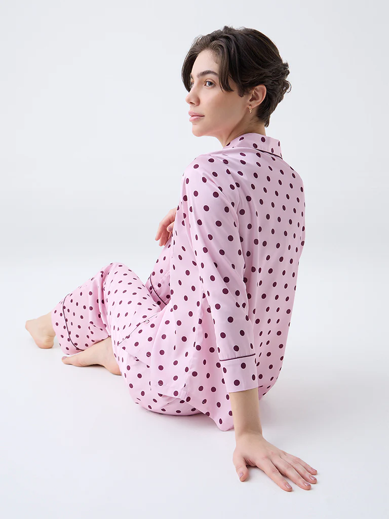 Wunderlove Pink Polka Dotted Satin Shirt with Pyjamas Set - Image 4