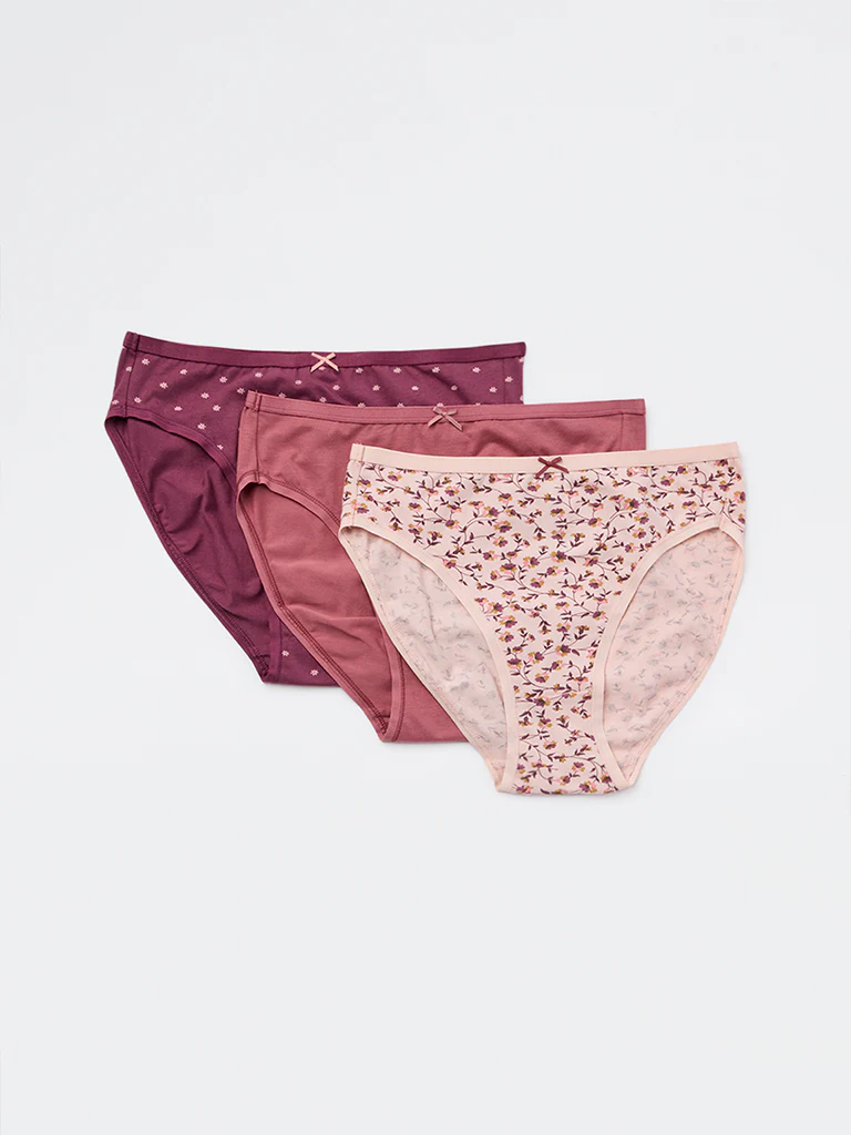 Wunderlove Pink Printed Cotton-Blend Hi-Leg Briefs - Pack of 3 - Image 2