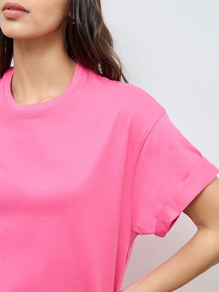 Wunderlove Pink Solid Cotton T-Shirt - Image 3