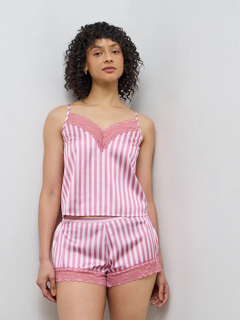 Wunderlove Pink Striped Satin Camisole and Shorts Set - Image 2