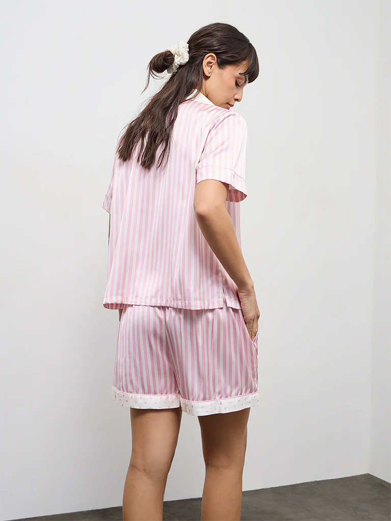 Wunderlove Pink Striped Satin Shirt and Shorts Set - Image 4