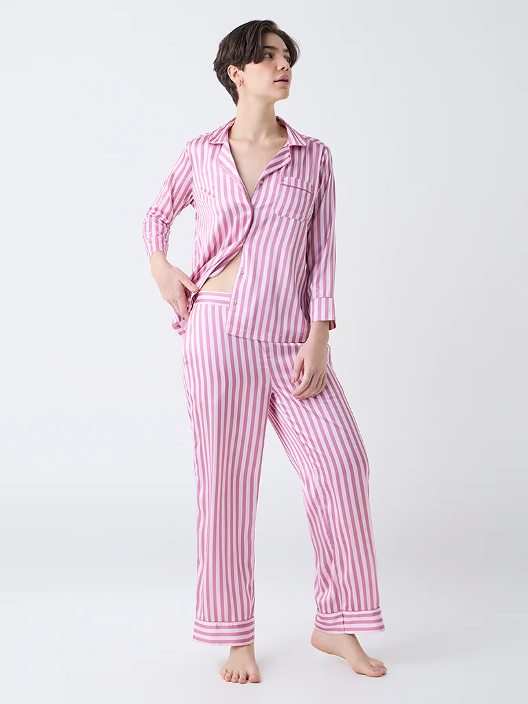 Wunderlove Pink Striped Satin Shirt with Pyjamas Set