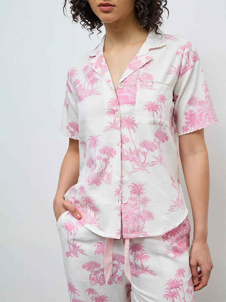 Wunderlove Pink Tropical-Inspired Cotton Shirt and Pyjama Set - Image 3