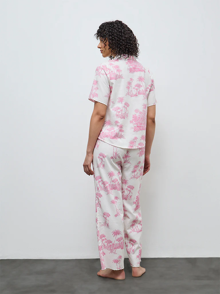 Wunderlove Pink Tropical-Inspired Cotton Shirt and Pyjama Set - Image 4
