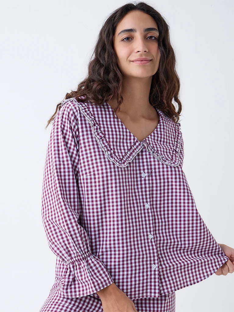 Wunderlove Plum Checkered Cotton-Blend Shirt and Pyjama Set - Image 3