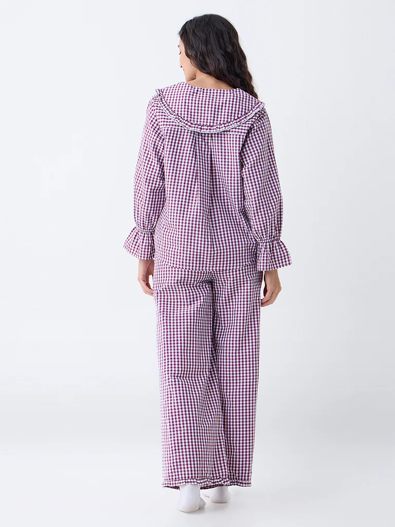Wunderlove Plum Checkered Cotton-Blend Shirt and Pyjama Set - Image 4