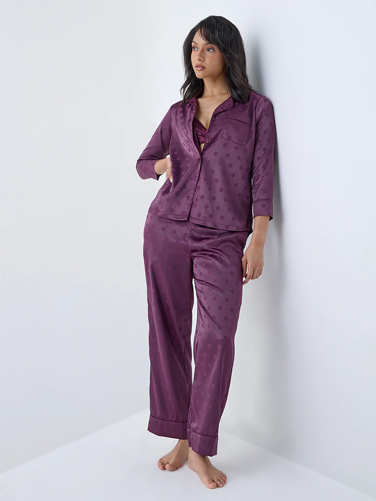 Wunderlove Plum Polka Dotted Satin Shirt with Pyjamas Set