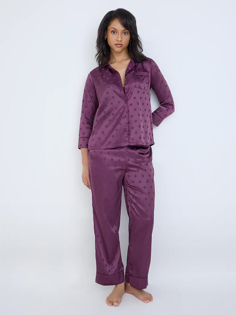 Wunderlove Plum Polka Dotted Satin Shirt with Pyjamas Set - Image 2