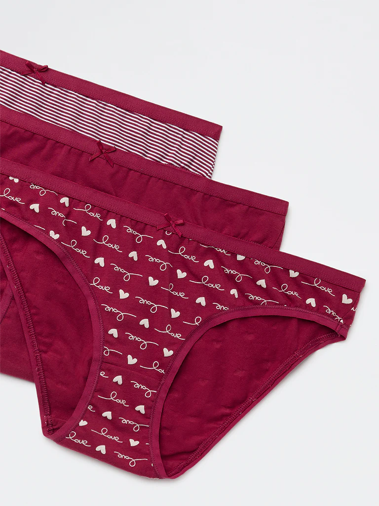 Wunderlove Plum Printed Cotton-Blend Bikini Briefs - Pack of 3 - Image 6