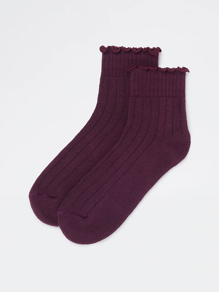 Wunderlove Plum Ribbed Cotton-Blend Socks - Image 2