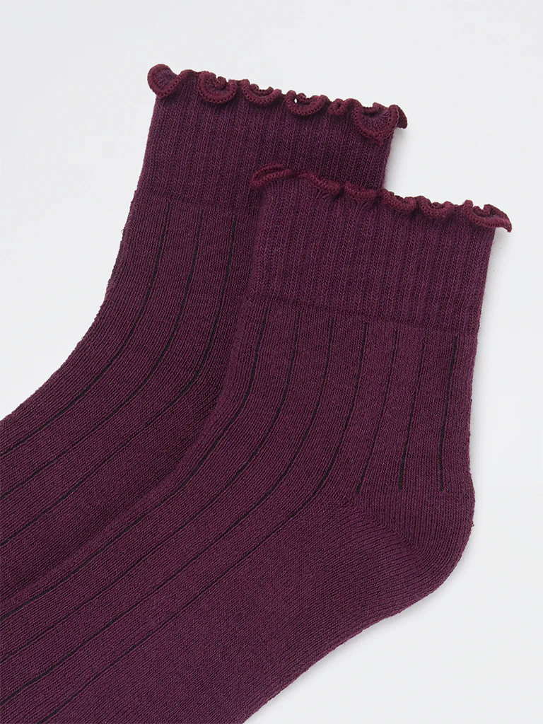 Wunderlove Plum Ribbed Cotton-Blend Socks - Image 3