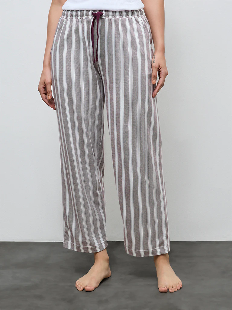 Wunderlove Plum Striped High-Rise Cotton Pyjamas - Image 2