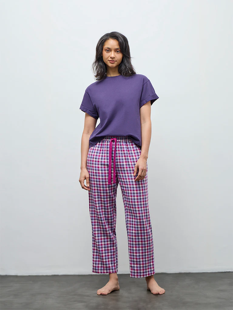 Wunderlove Purple Checkered High-Rise Cotton Pants