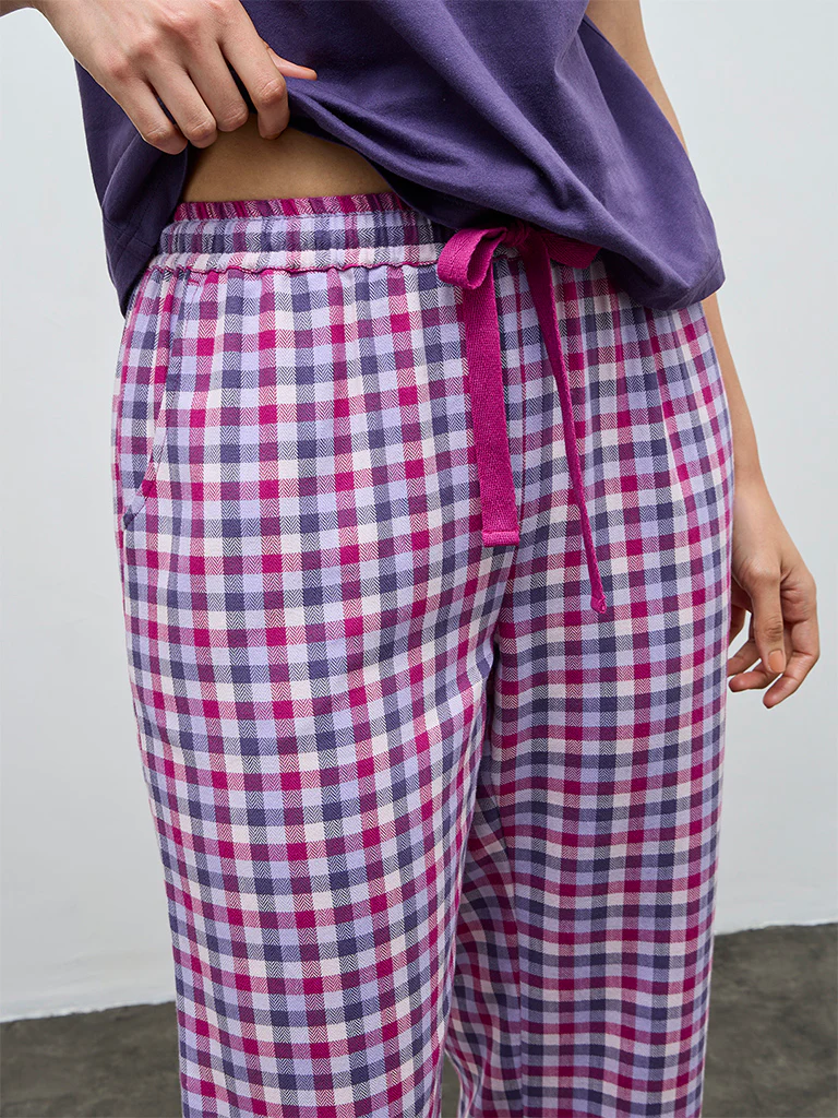 Wunderlove Purple Checkered High-Rise Cotton Pants - Image 3