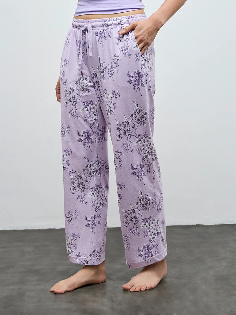 Wunderlove Purple Floral Design High-Rise Cotton Pants - Image 2