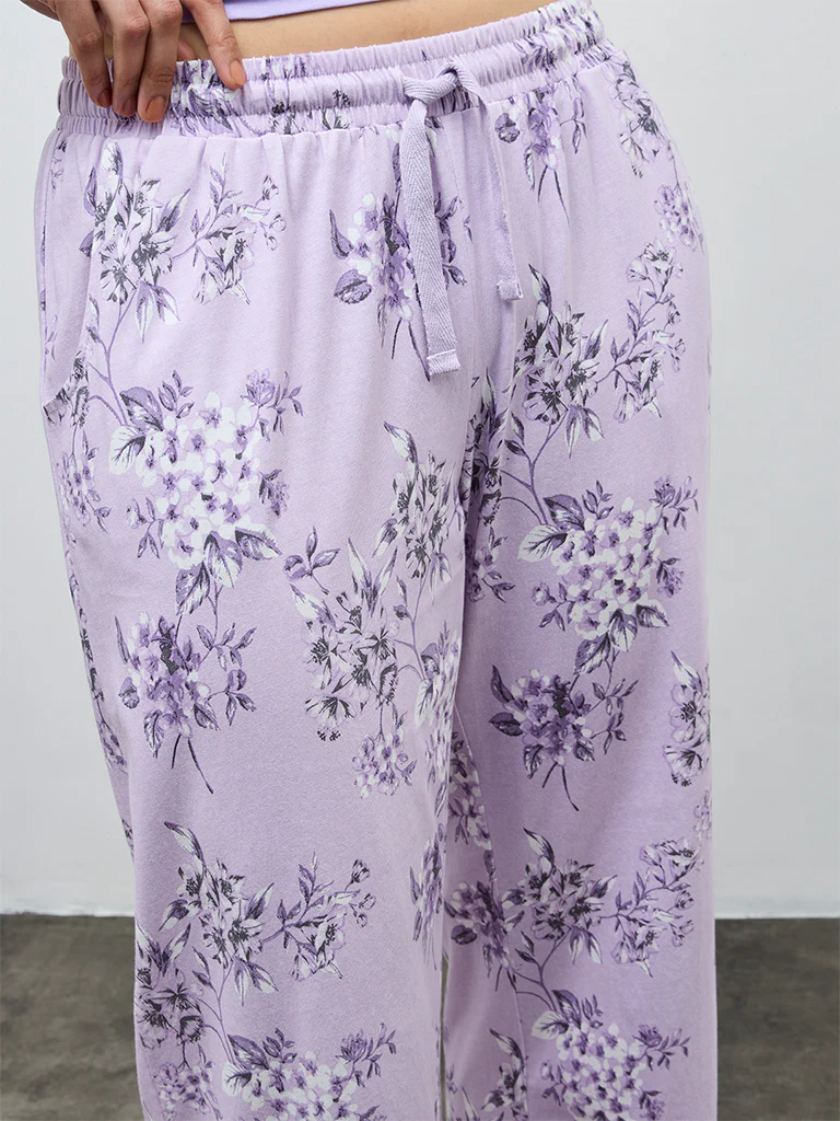 Wunderlove Purple Floral Design High-Rise Cotton Pants - Image 3