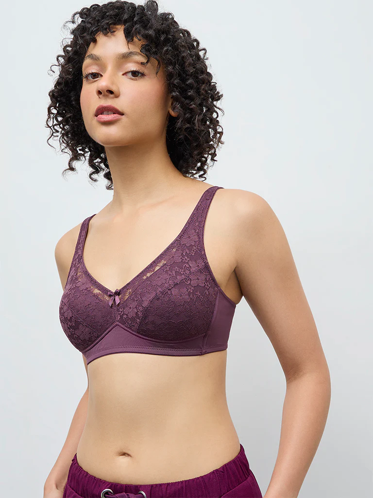 Wunderlove Purple Floral Lace Padded Bra - Image 2