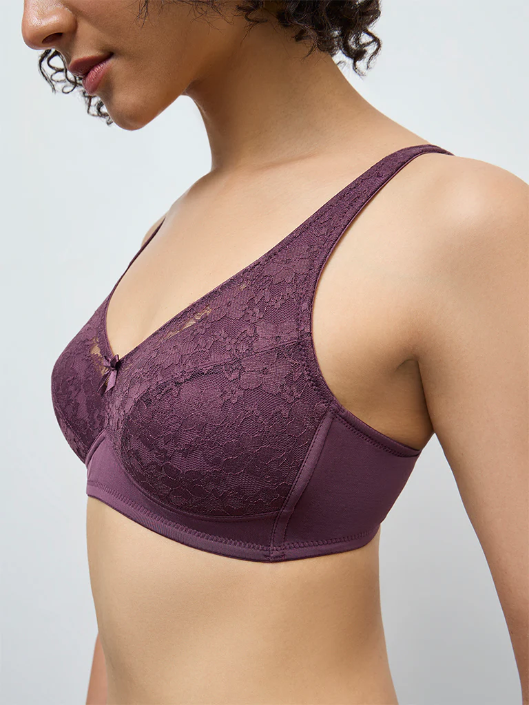 Wunderlove Purple Floral Lace Padded Bra - Image 3