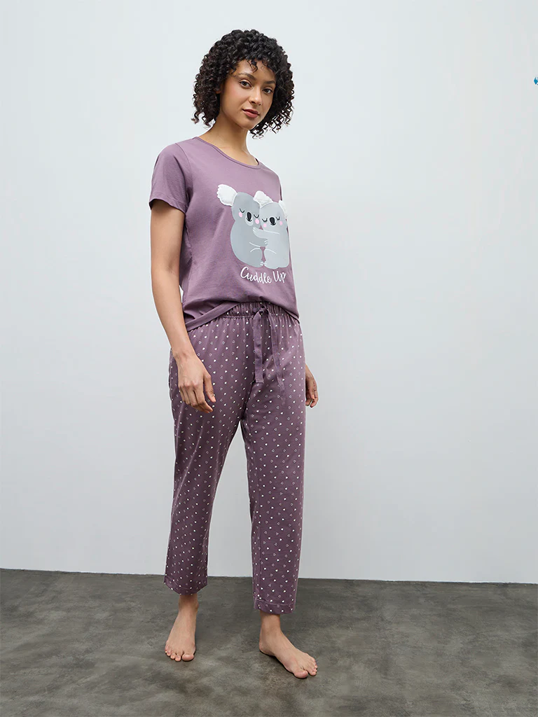 Wunderlove Purple Printed Cotton T-Shirt and Pyjamas Set