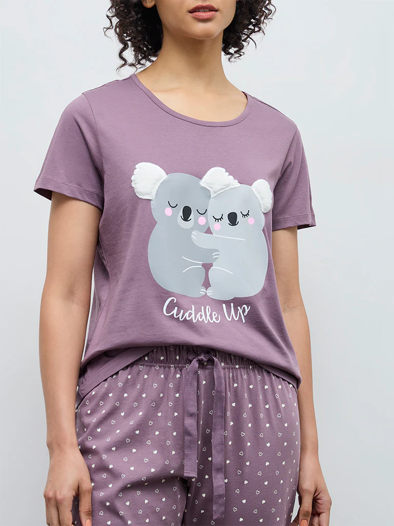 Wunderlove Purple Printed Cotton T-Shirt and Pyjamas Set - Image 3