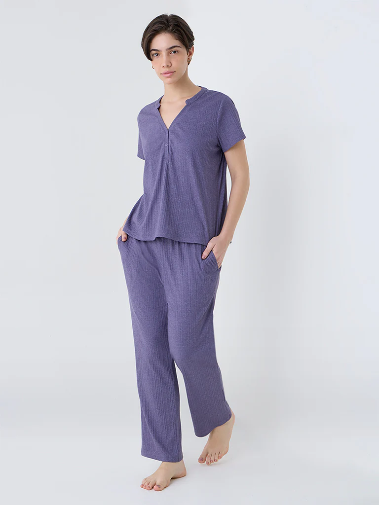 Wunderlove Purple Ribbed-Textured Cotton-Blend Top - Image 2