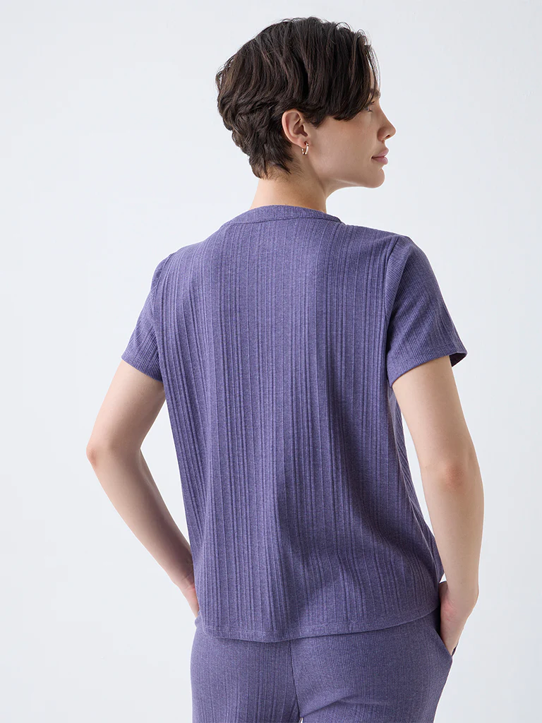 Wunderlove Purple Ribbed-Textured Cotton-Blend Top - Image 4
