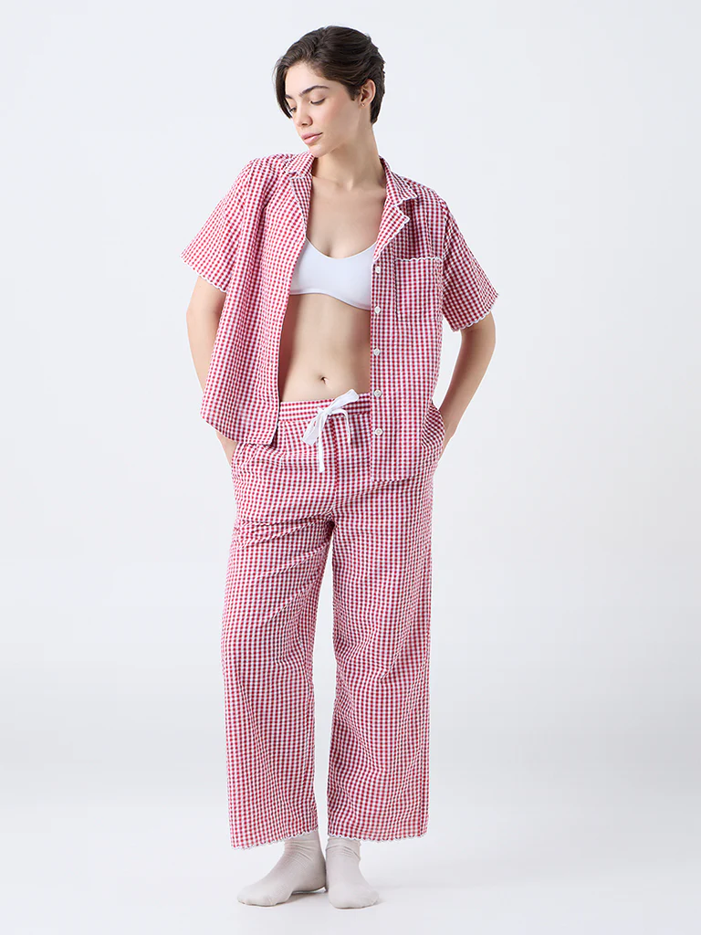 Wunderlove Red Checkered Cotton Shirt and Pyjamas Set
