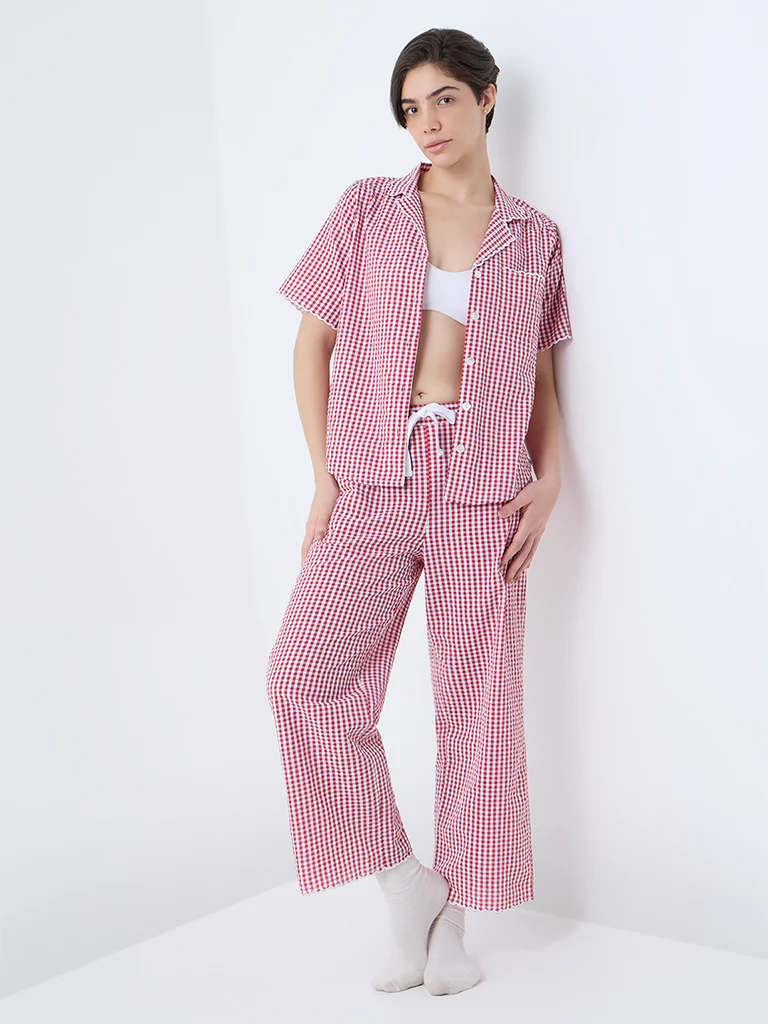 Wunderlove Red Checkered Cotton Shirt and Pyjamas Set - Image 3