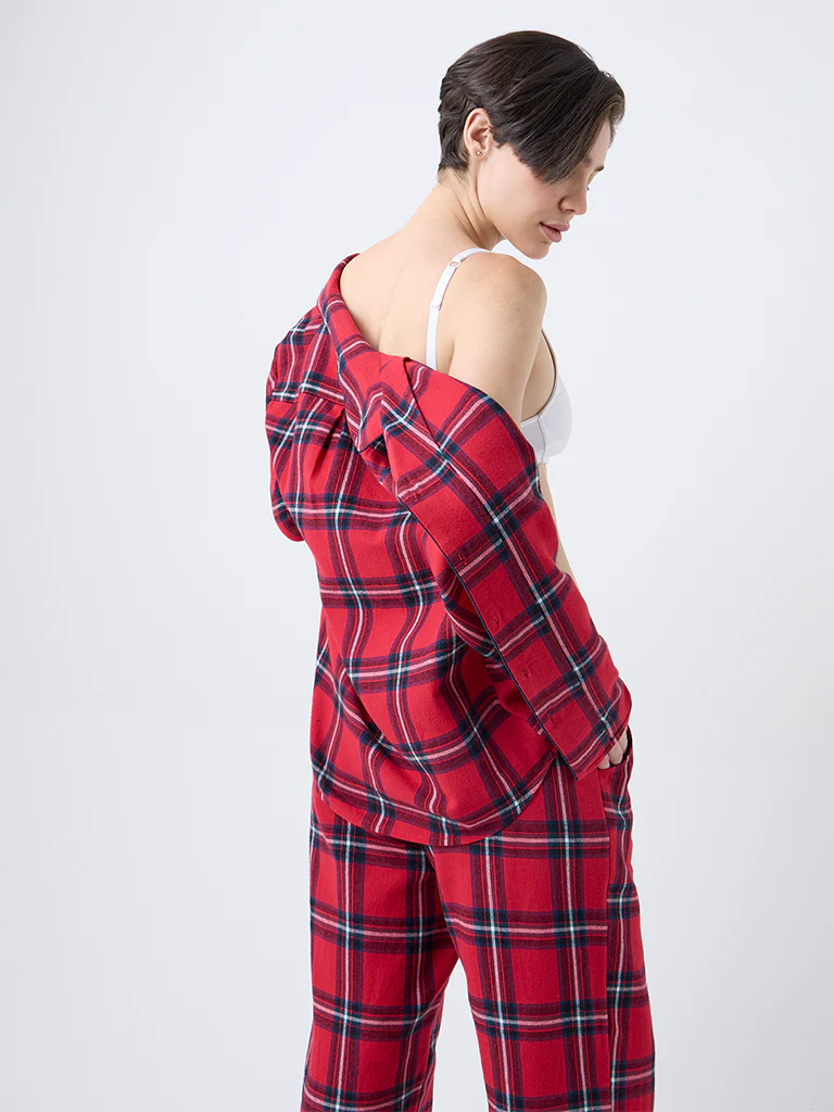 Wunderlove Red Checkered Cotton Shirt and Pyjamas Set - Image 4