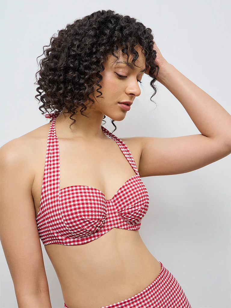 Wunderlove Red Checkered Halter-Neck Balconette Bra